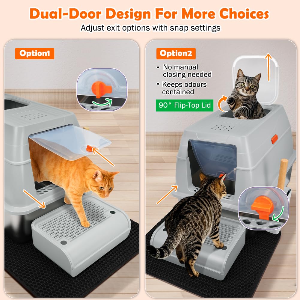Szee Stainless Steel Litter Box, Xl Top Exit Enclosed Metal Cat Litter Box With Lid & Enclosure, Activated Charcoal Odor Control